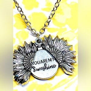 You Are My Sunshine Message in Sunflower Antique Silver Tone Locket Necklace 20”
